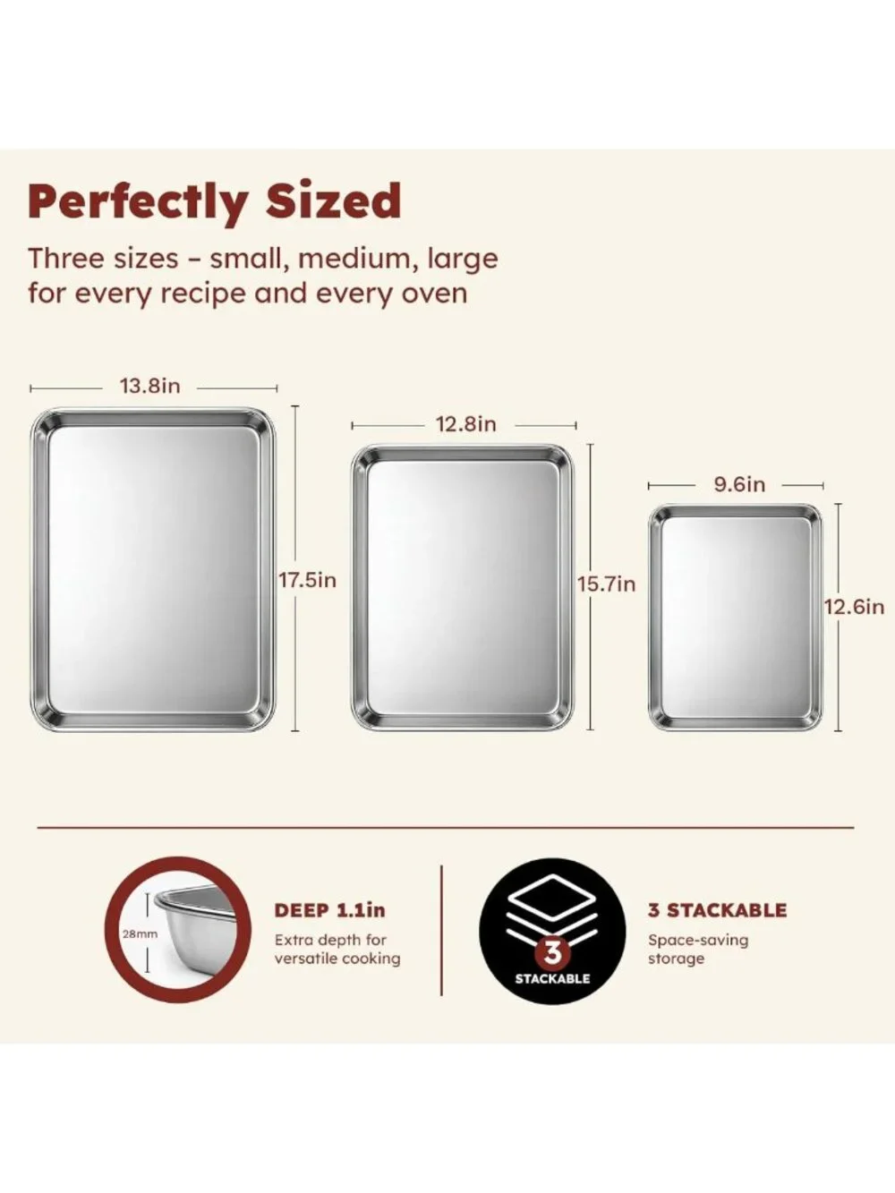Stainless Steel Baking Sheet Set of 3 - Non-Stick Cookie Sheets for Easy Baking